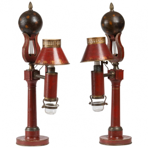 Pair of Empire Red Tole Oil Lamps 'Lampes A Quinquet'
